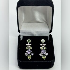 925 Silver Vtg Amethyst and Peridot hinged stud Earrings